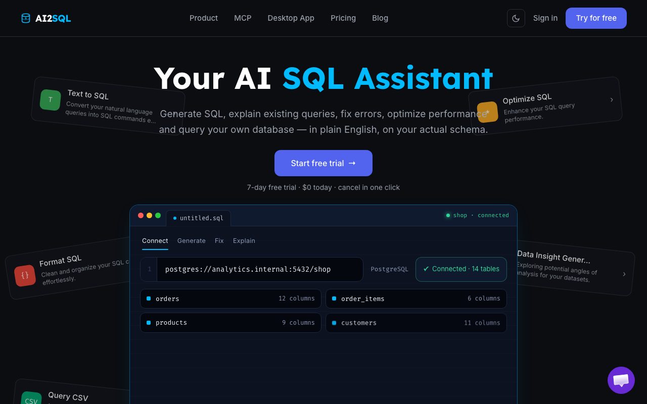AI2sql homepage screenshot captured 2026-09-08
