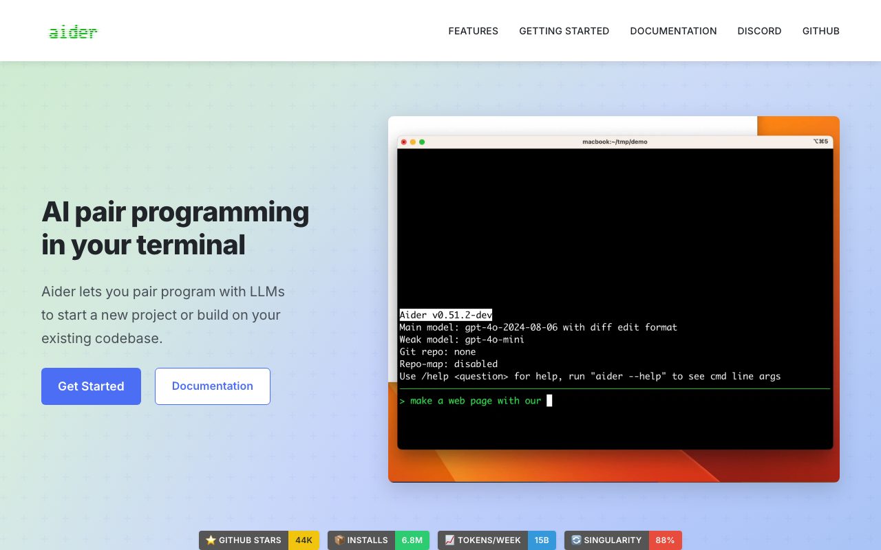 Aider homepage screenshot captured 2026-09-08
