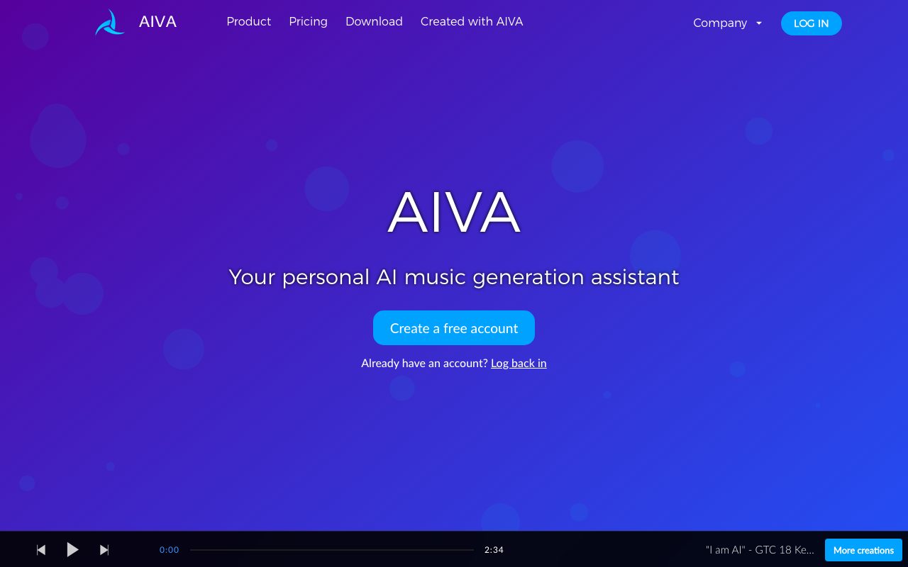 AIVA homepage screenshot captured 2026-09-02