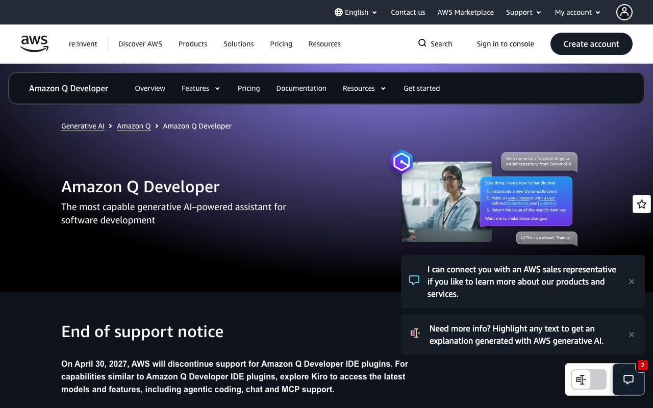 Amazon Q Developer homepage screenshot captured 2026-09-08