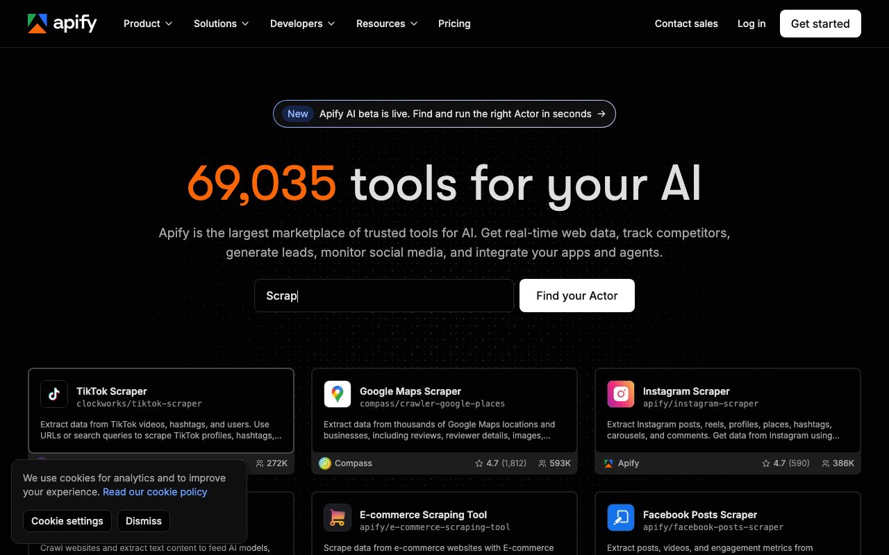 Apify homepage screenshot captured 2026-09-08