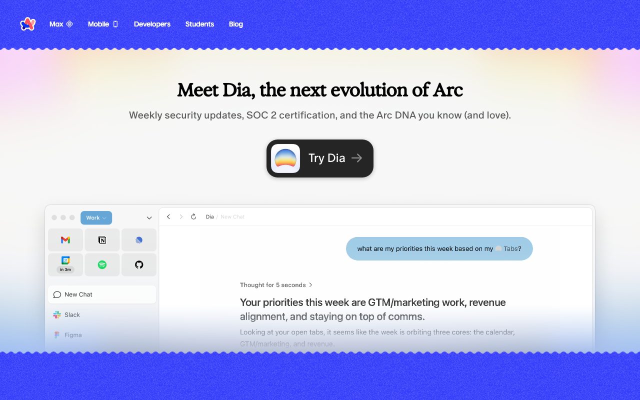 Arc Browser homepage screenshot captured 2026-09-08