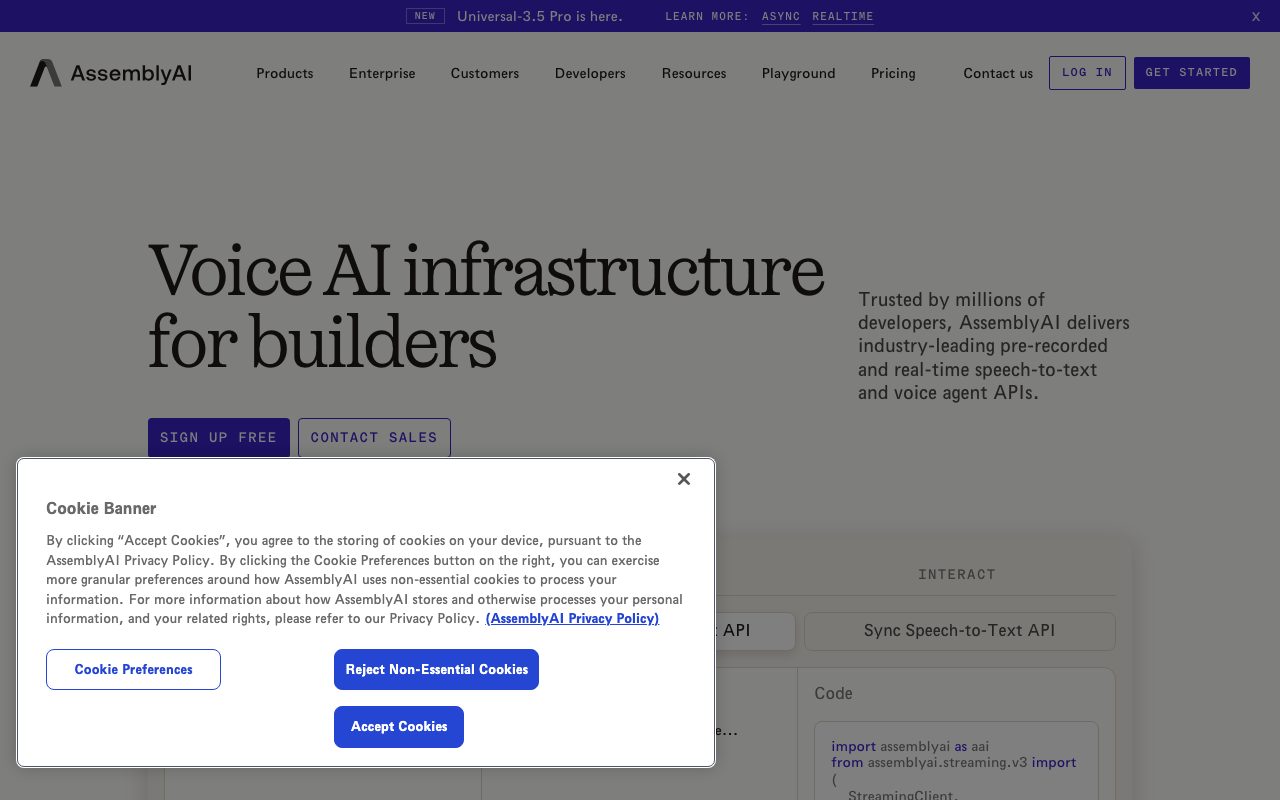 AssemblyAI homepage screenshot captured 2026-09-08