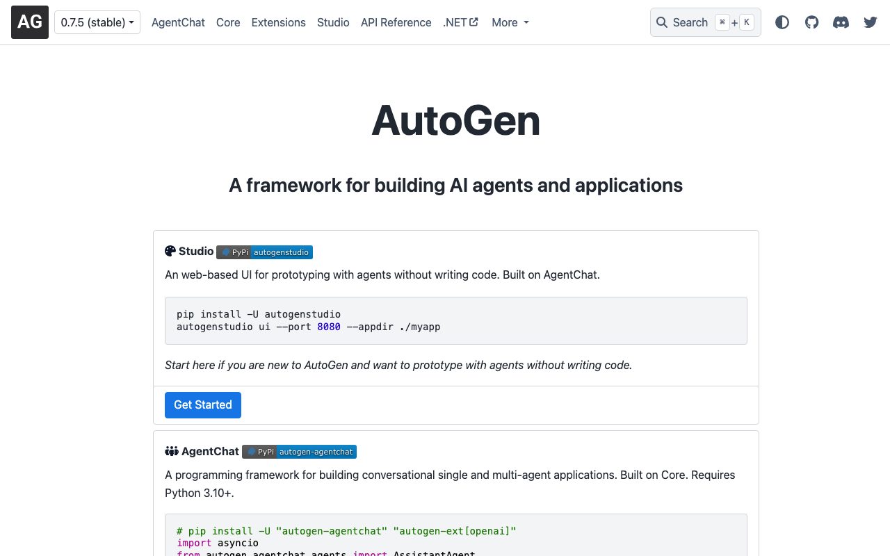 AutoGen homepage screenshot captured 2026-09-08