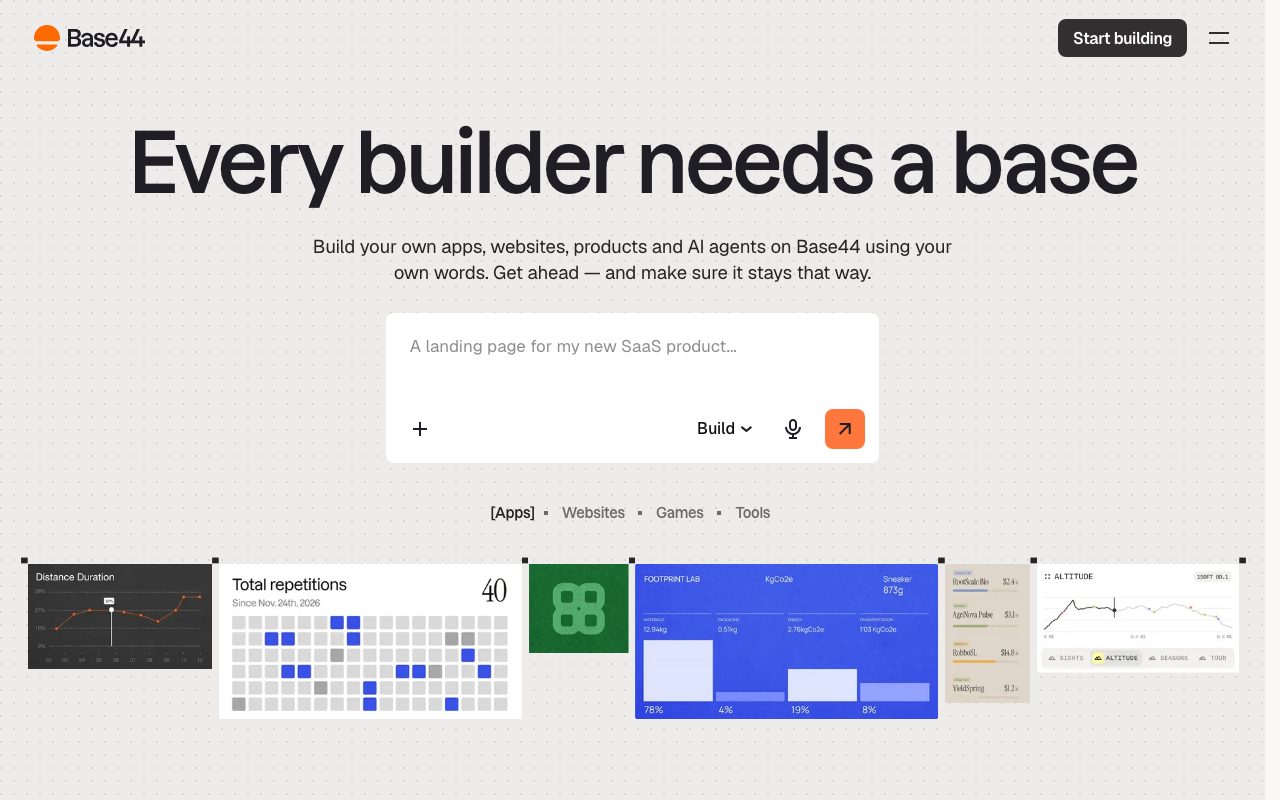 Base44 homepage screenshot captured 2026-09-08