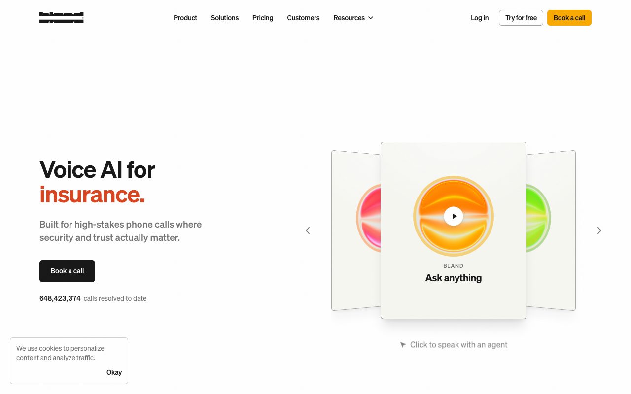Bland AI homepage screenshot captured 2026-09-08