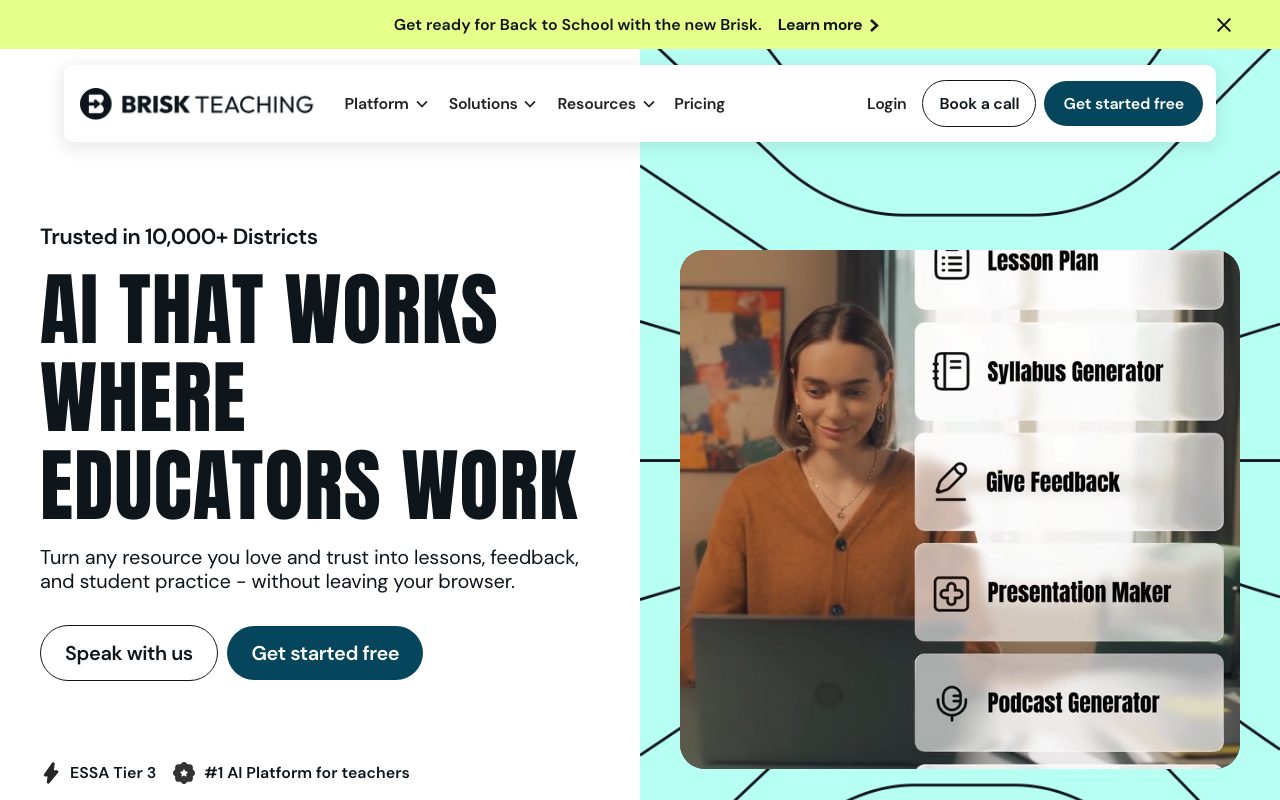 Brisk Teaching homepage screenshot captured 2026-09-08