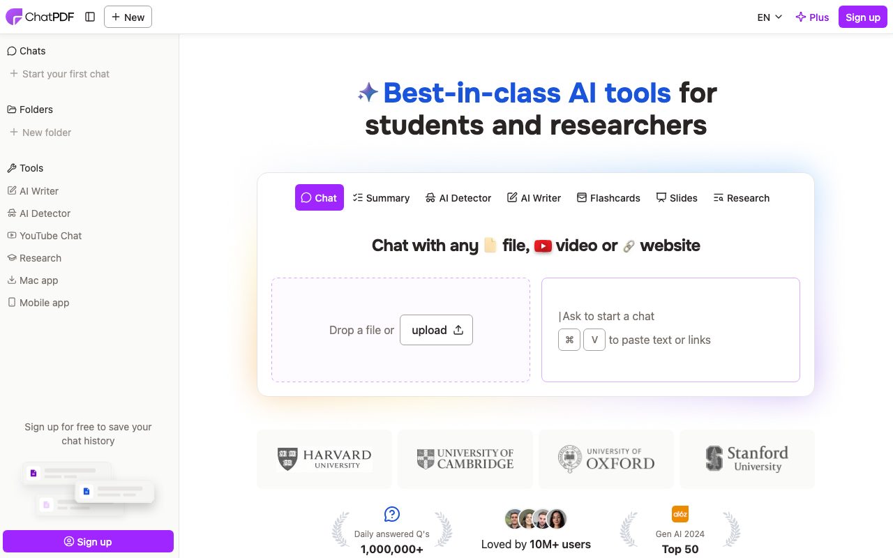ChatPDF homepage screenshot captured 2026-09-08