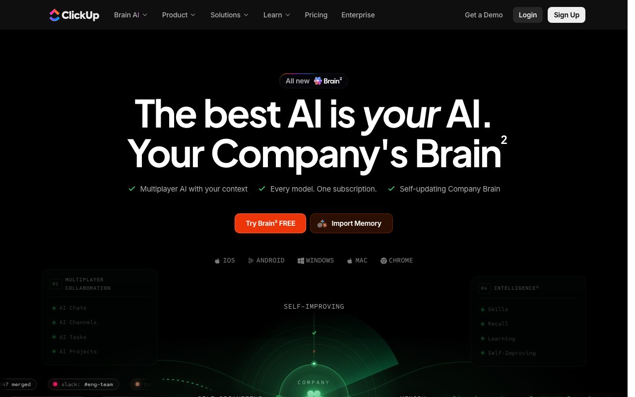 ClickUp Brain homepage screenshot captured 2026-09-08