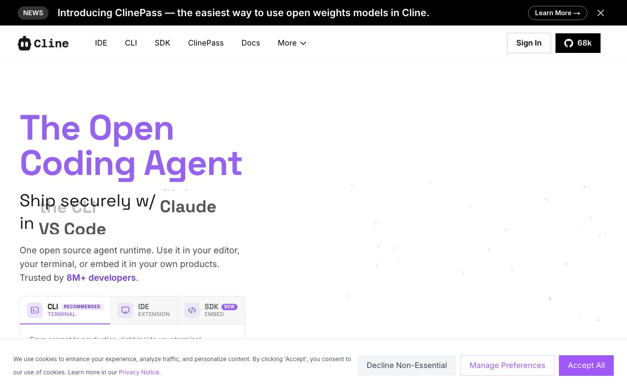 Cline homepage screenshot captured 2026-09-08
