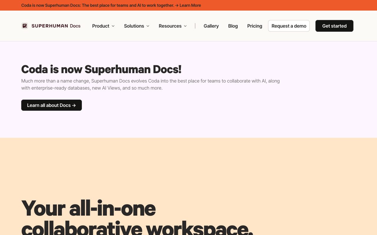 Coda homepage screenshot captured 2026-09-08