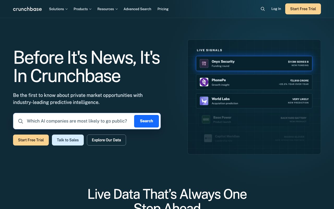 Crunchbase AI homepage screenshot captured 2026-09-08