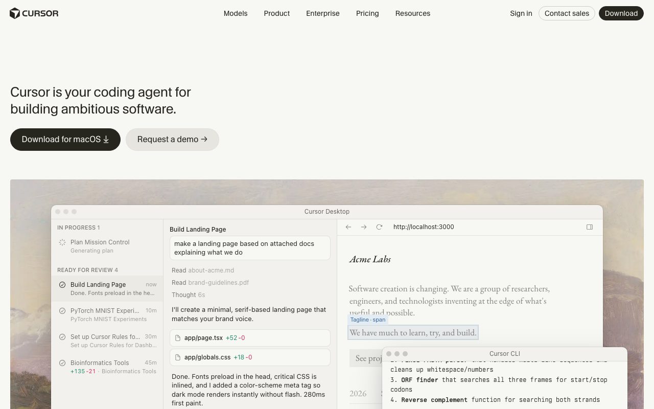 Cursor homepage screenshot captured 2026-09-01