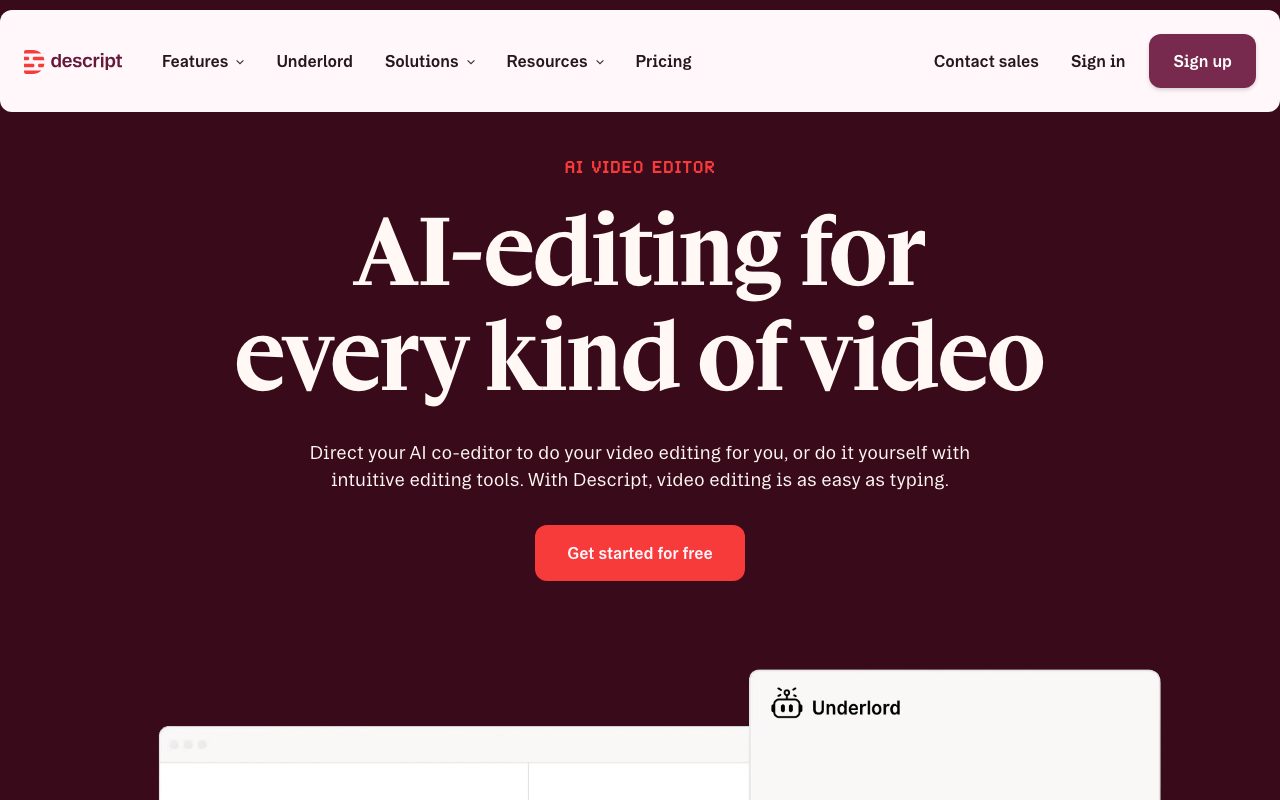 Descript homepage screenshot captured 2026-09-02
