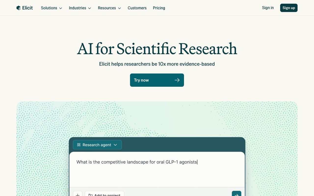 Elicit homepage screenshot captured 2026-09-02