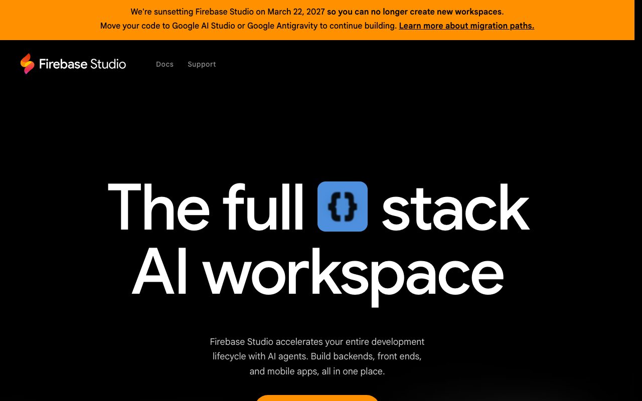 Firebase Studio homepage screenshot captured 2026-09-08