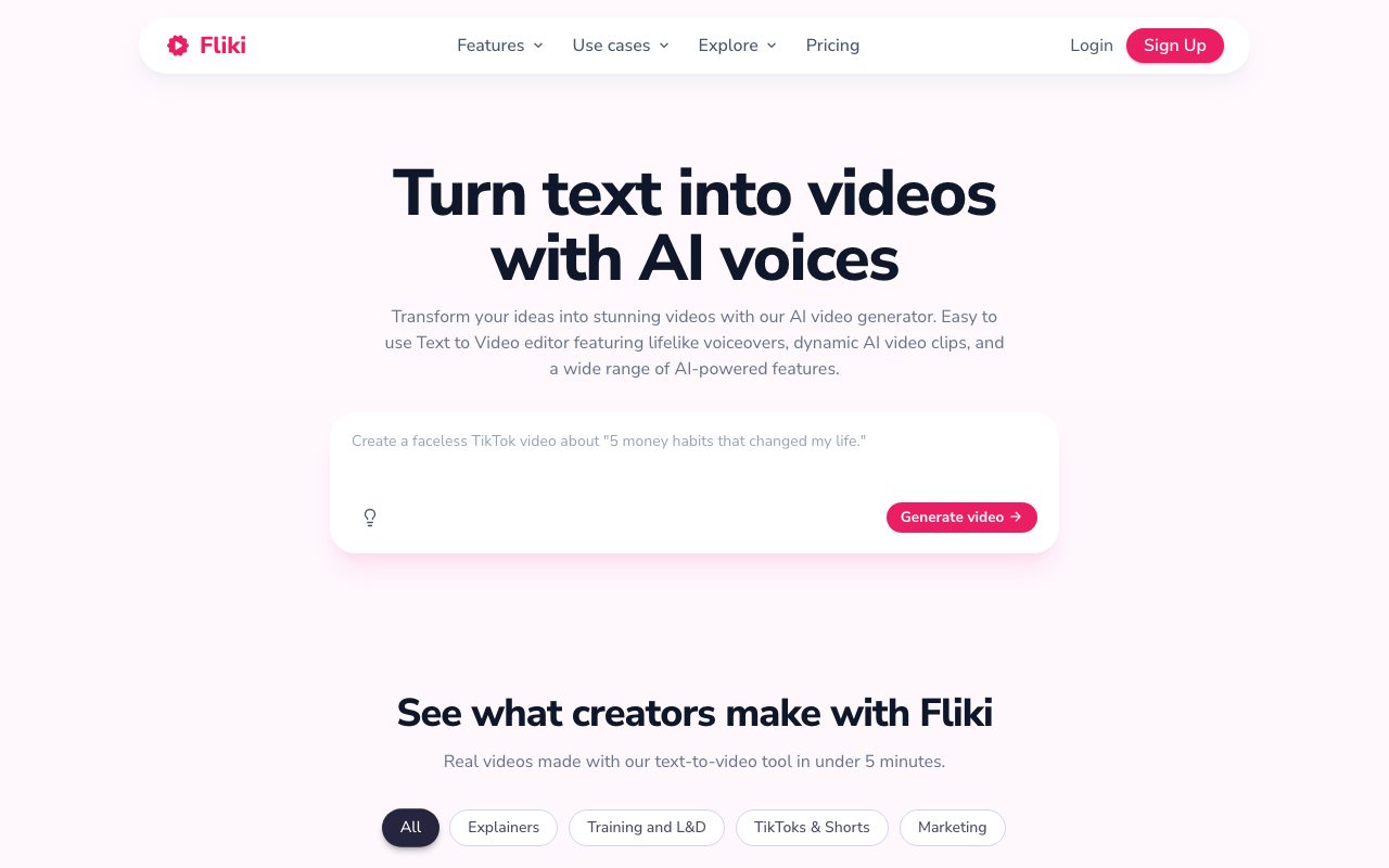 Fliki homepage screenshot captured 2026-09-08