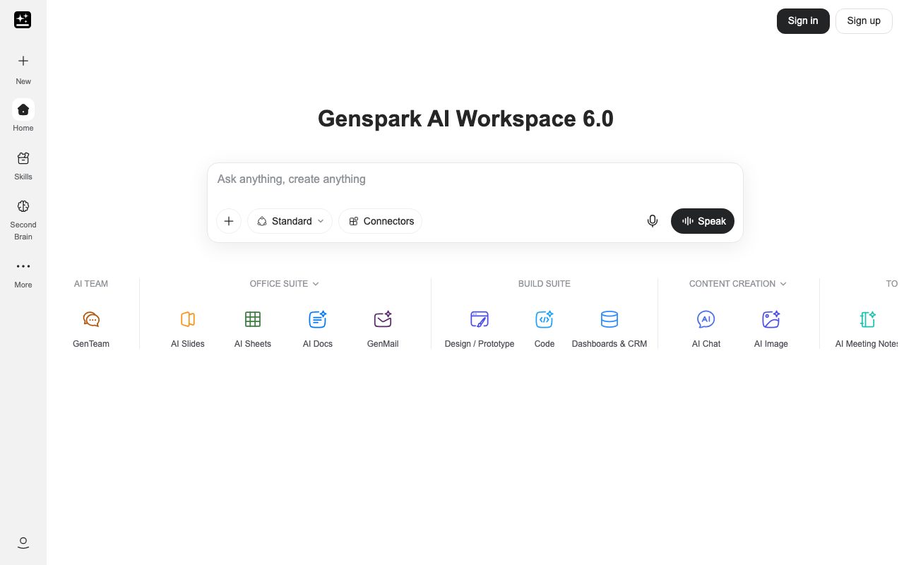 Genspark homepage screenshot captured 2026-09-08
