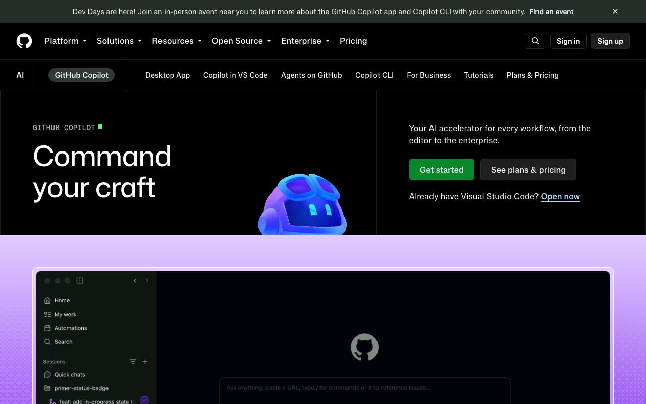 GitHub Copilot homepage screenshot captured 2026-09-02