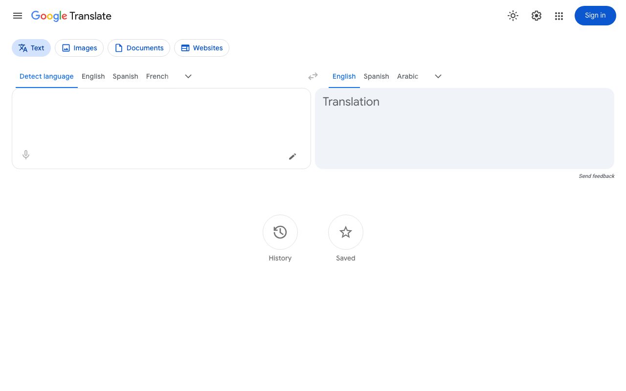 Google Translate homepage screenshot captured 2026-09-08