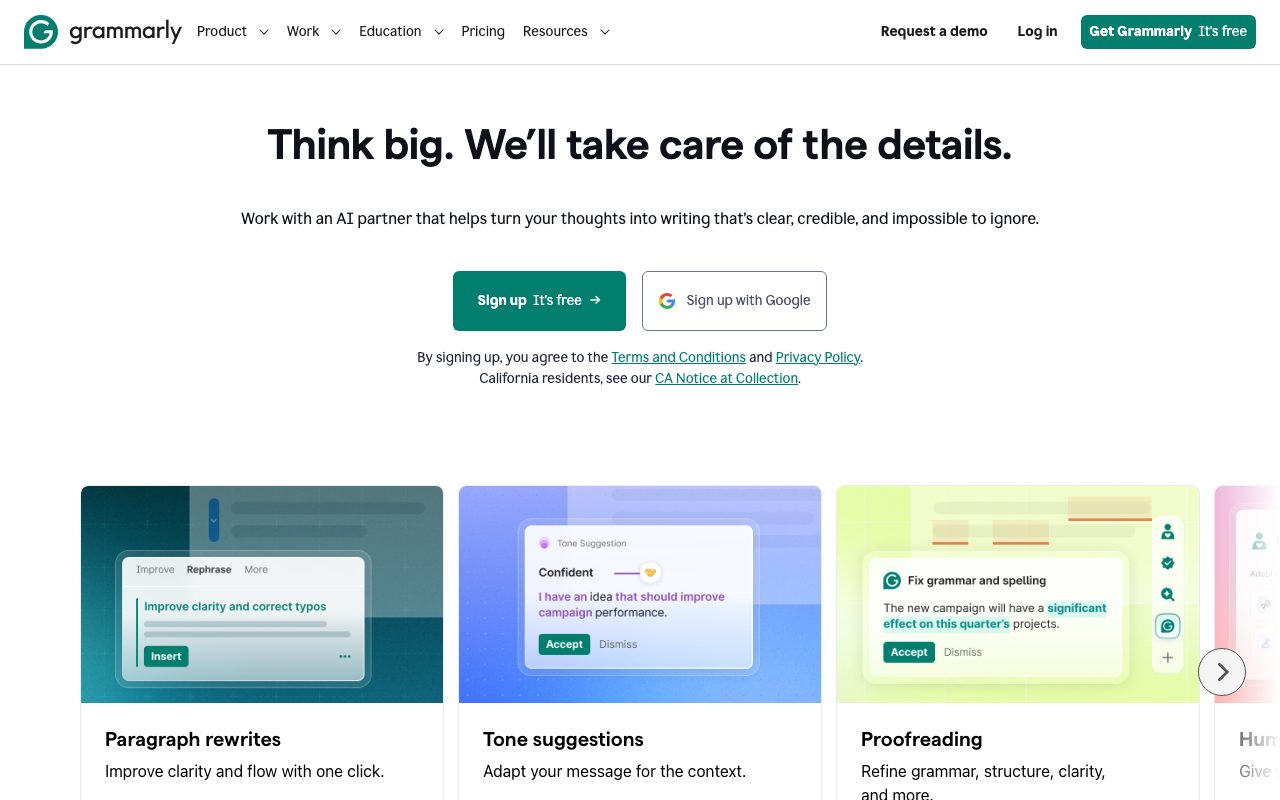 Grammarly homepage screenshot captured 2026-09-01