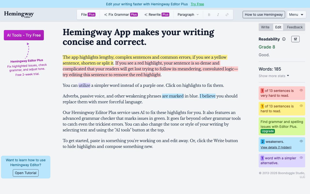 Hemingway Editor homepage screenshot captured 2026-09-08