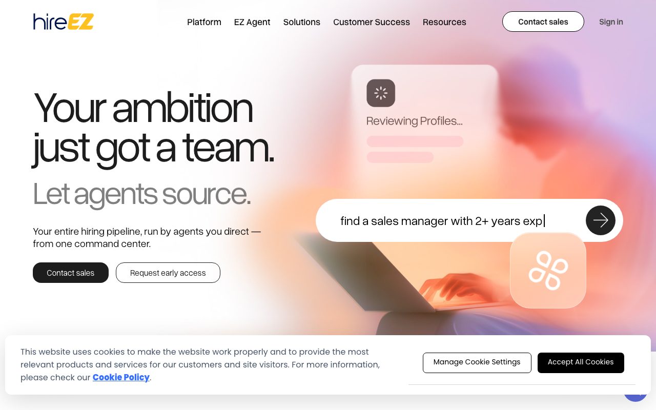 hireEZ homepage screenshot captured 2026-09-08