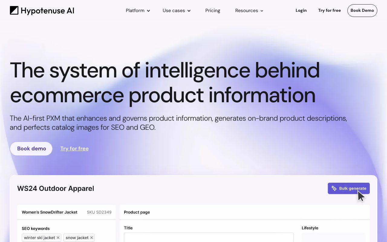 Hypotenuse AI homepage screenshot captured 2026-09-08
