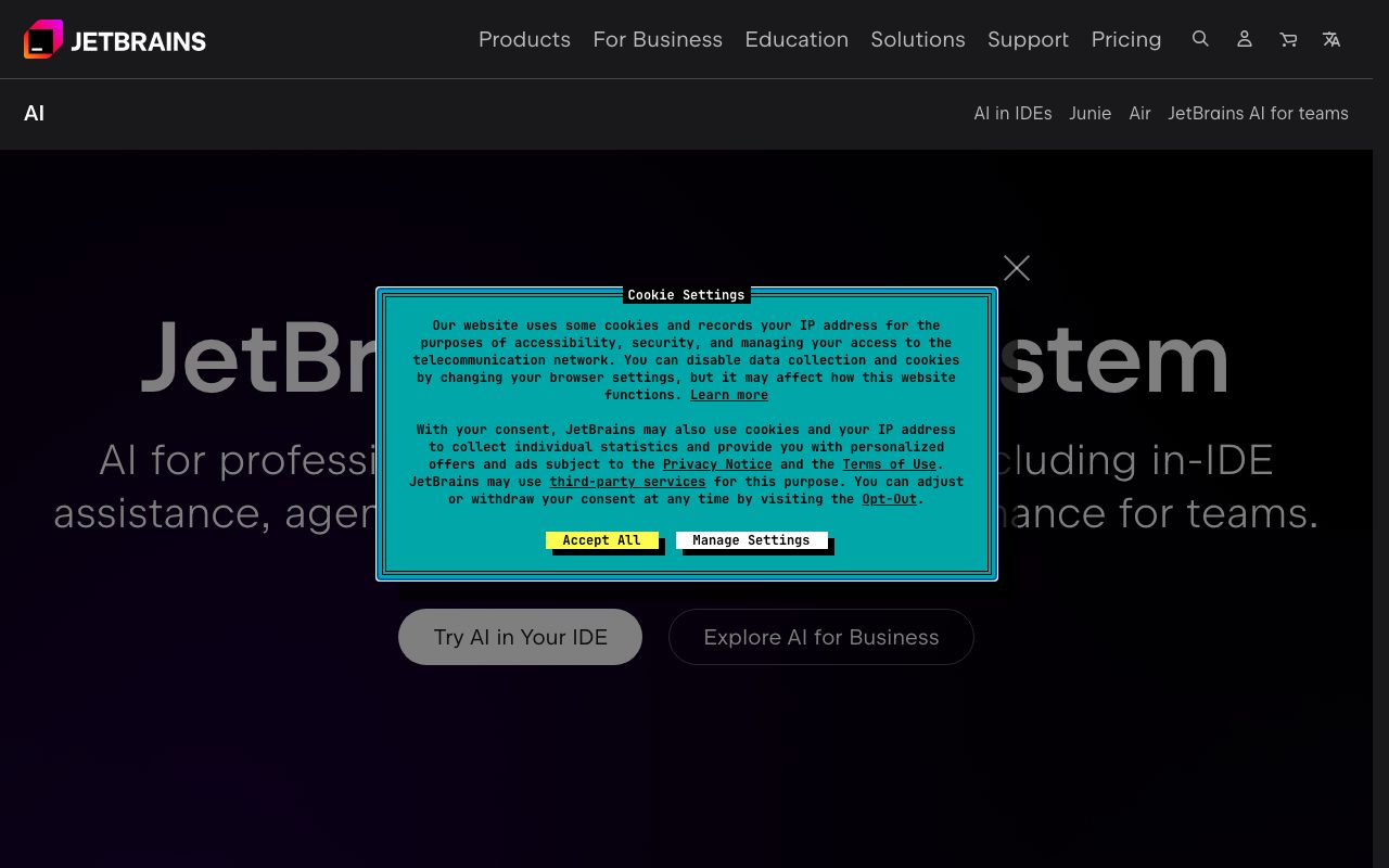 JetBrains AI Assistant homepage screenshot captured 2026-09-08