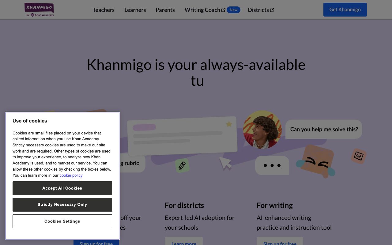 Khanmigo homepage screenshot captured 2026-09-02