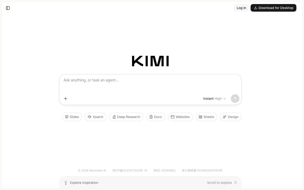Kimi homepage screenshot captured 2026-09-08