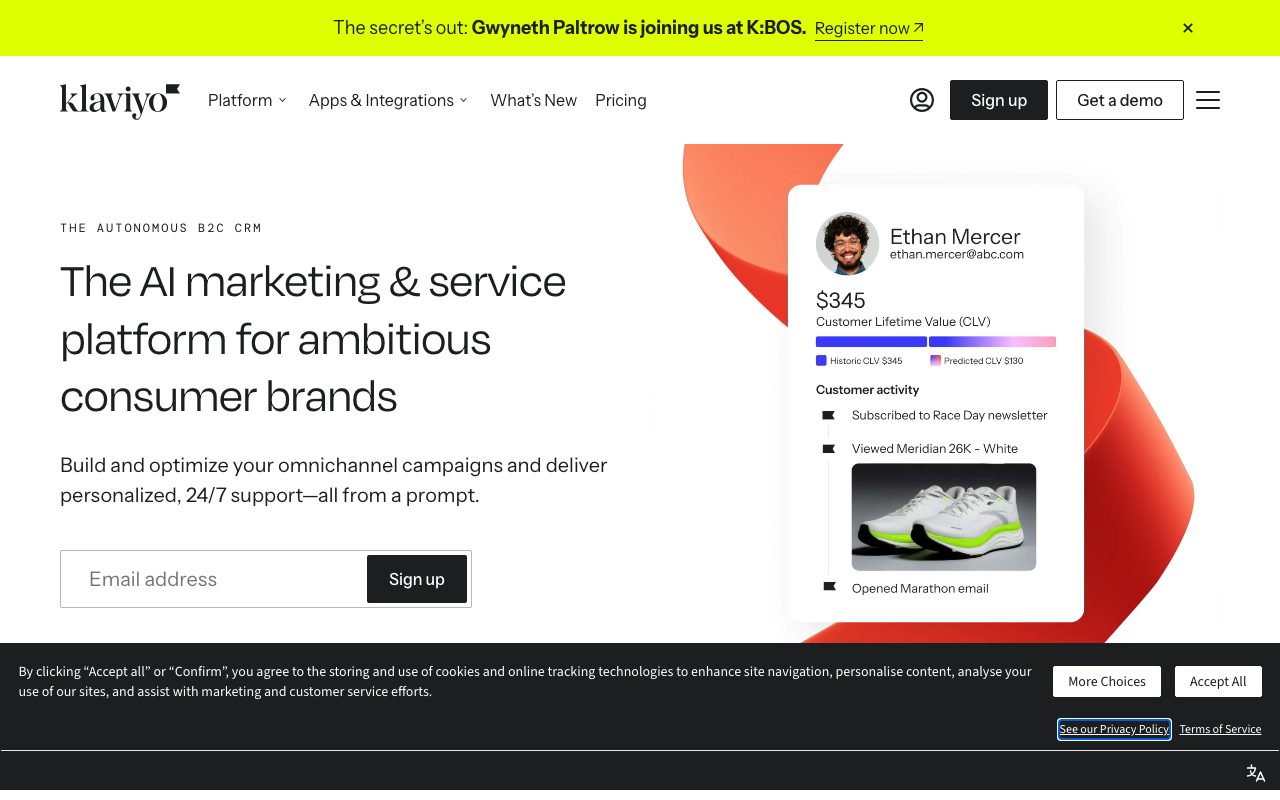 Klaviyo AI homepage screenshot captured 2026-09-02
