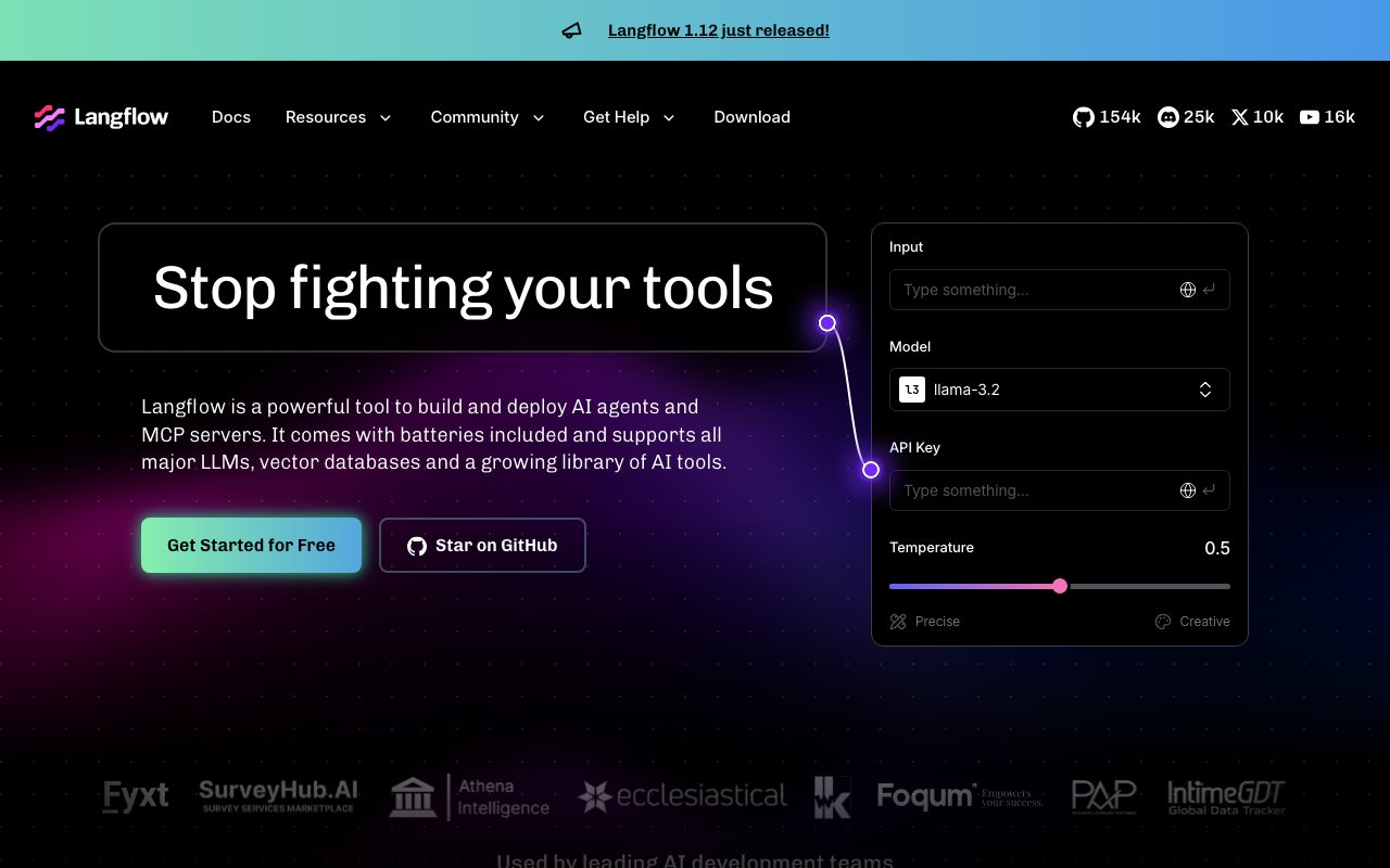 Langflow homepage screenshot captured 2026-09-08