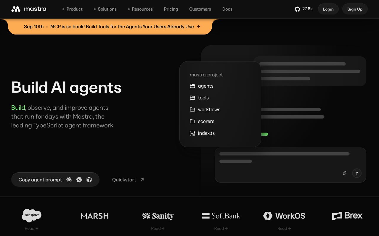 Mastra homepage screenshot captured 2026-09-08