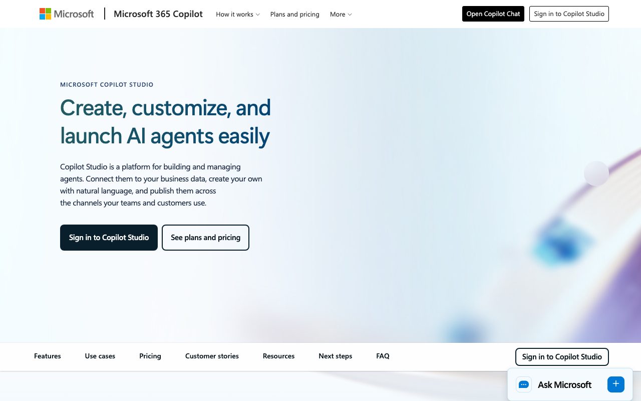 Microsoft Copilot Studio homepage screenshot captured 2026-09-08