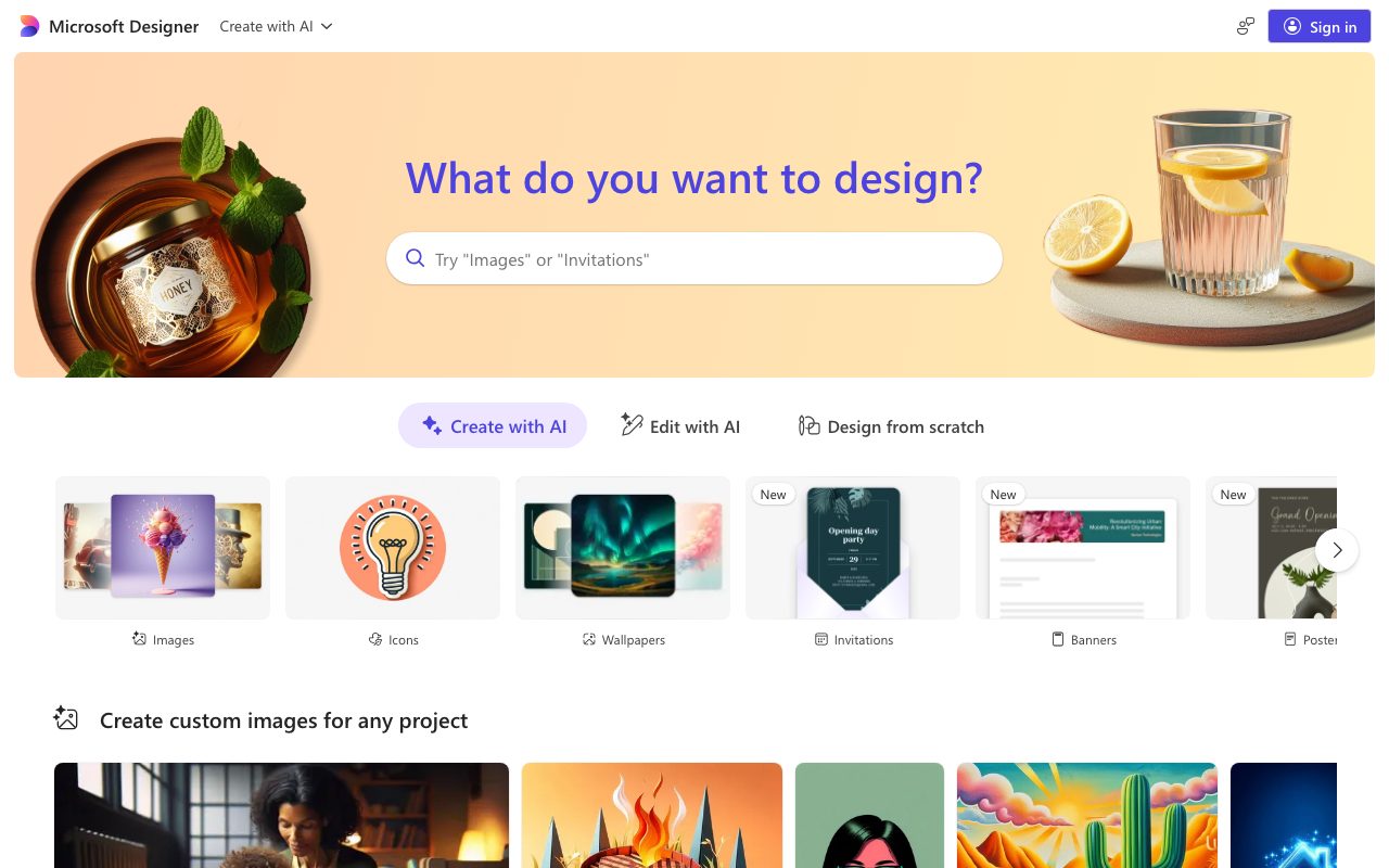 Microsoft Designer homepage screenshot captured 2026-09-08