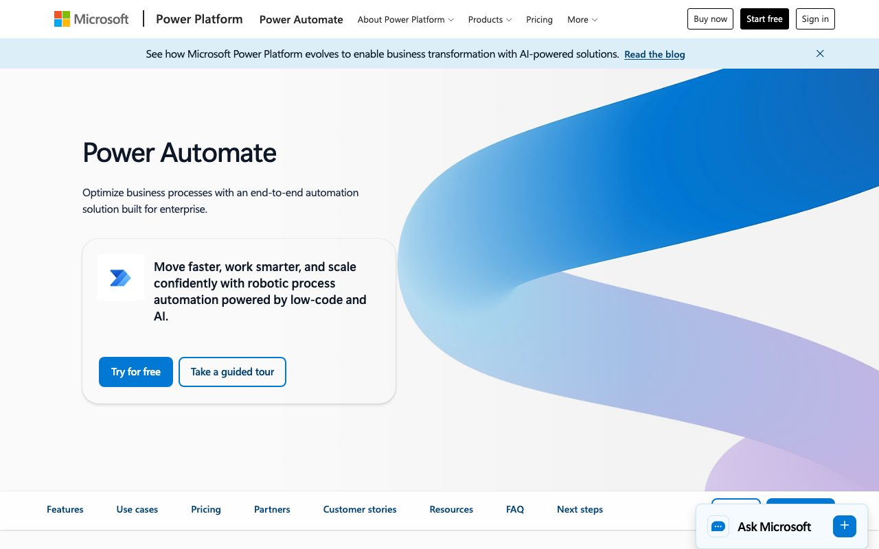 Microsoft Power Automate homepage screenshot captured 2026-09-08