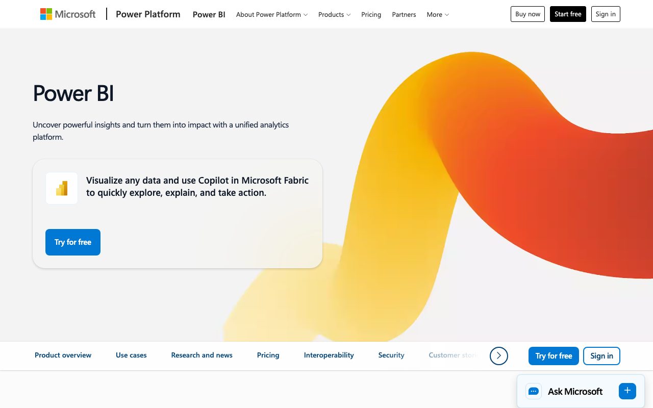 Microsoft Power BI homepage screenshot captured 2026-09-08