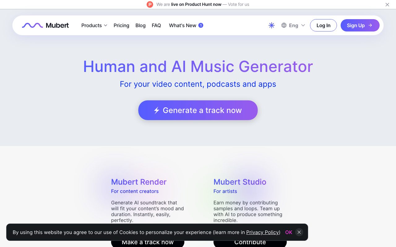 Mubert homepage screenshot captured 2026-09-02