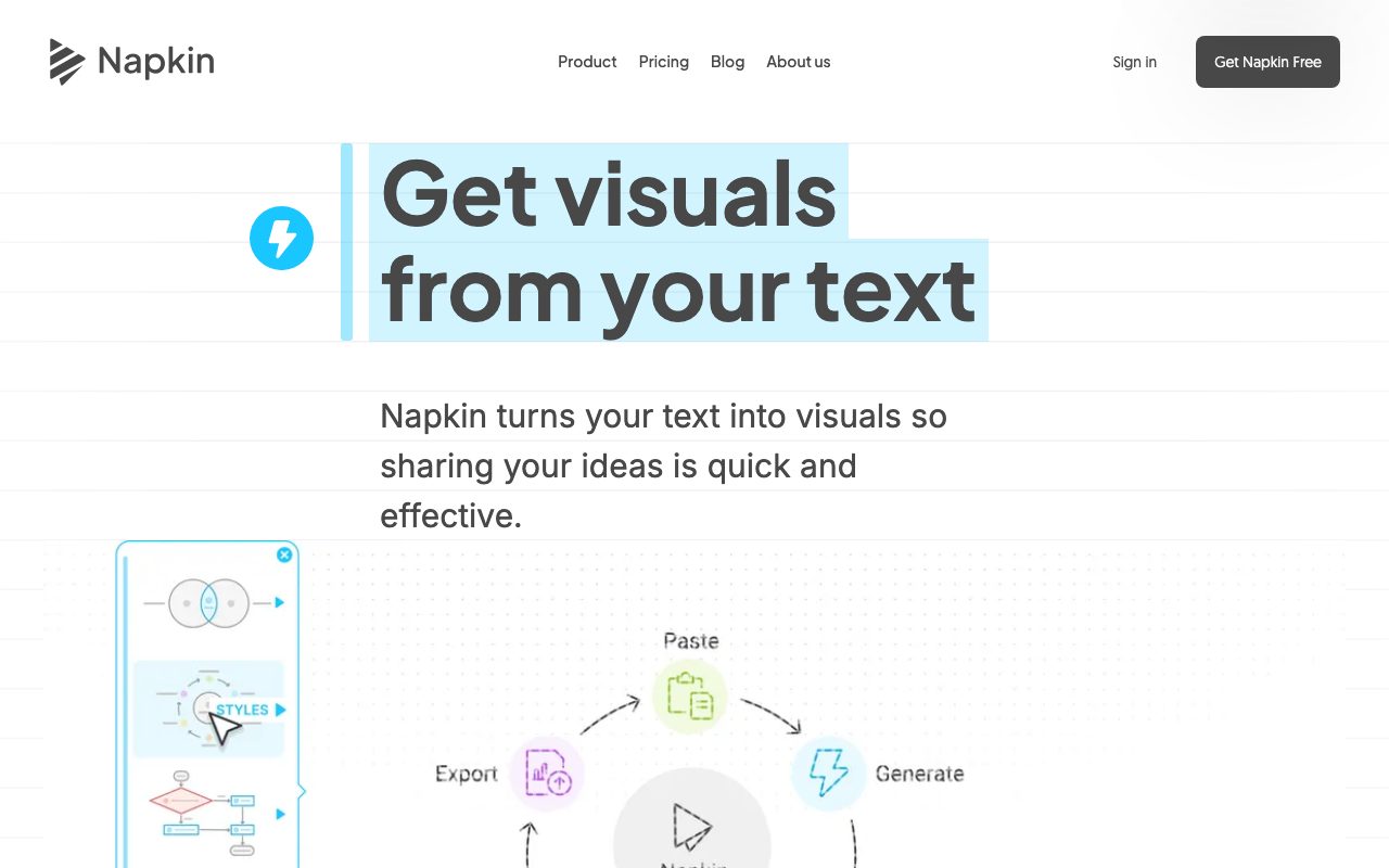 Napkin AI homepage screenshot captured 2026-09-08