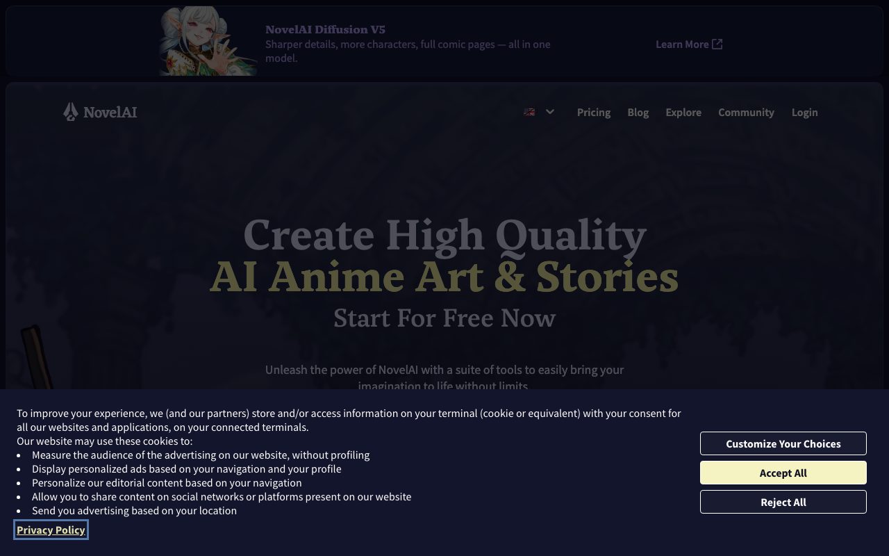 NovelAI homepage screenshot captured 2026-09-08