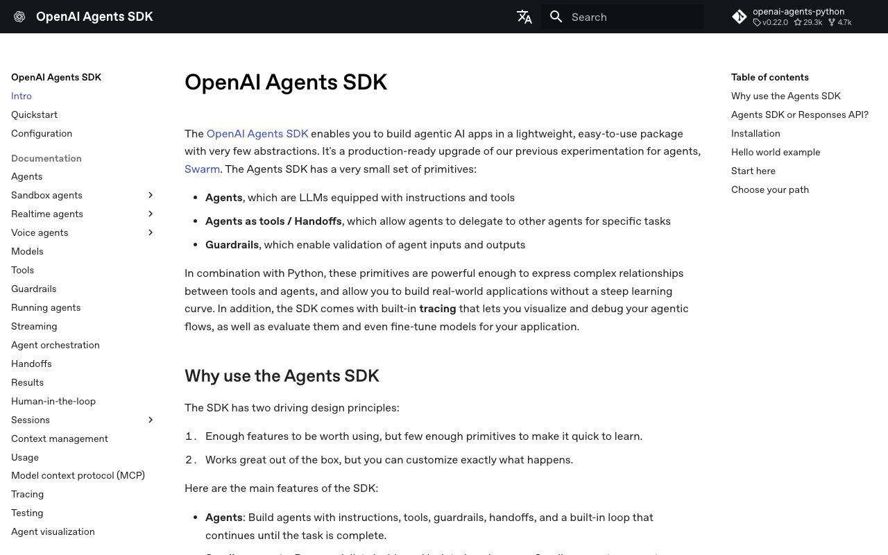 OpenAI Agents SDK homepage screenshot captured 2026-09-08