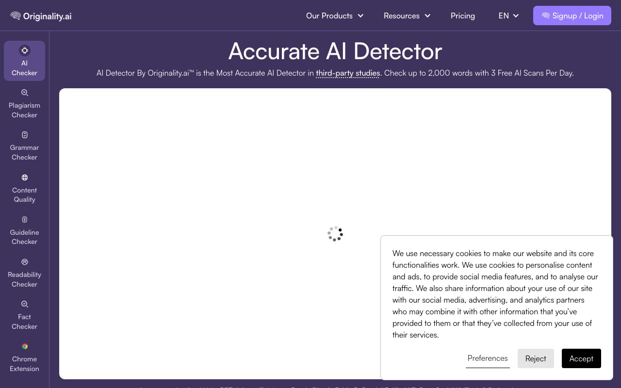Originality.ai homepage screenshot captured 2026-09-08