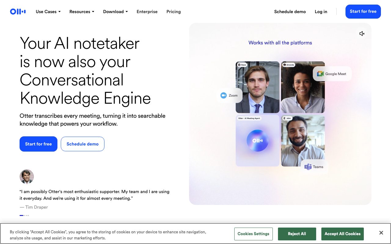 Otter.ai homepage screenshot captured 2026-09-02