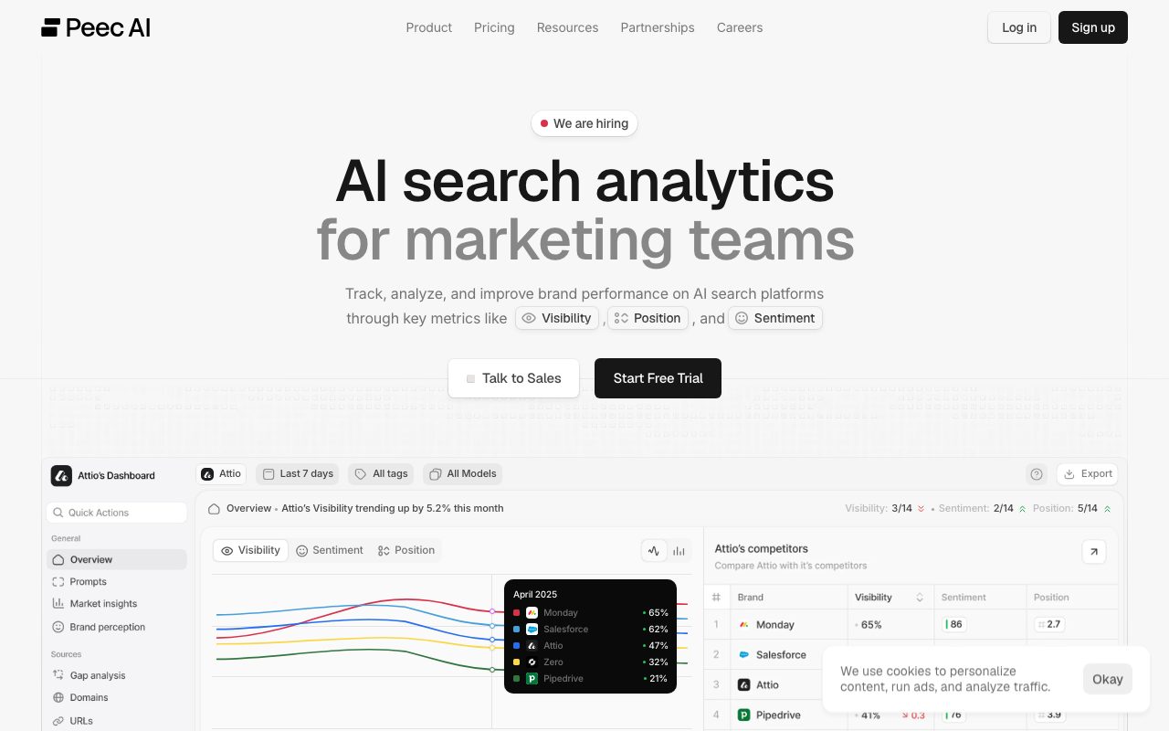 Peec AI homepage screenshot captured 2026-09-08