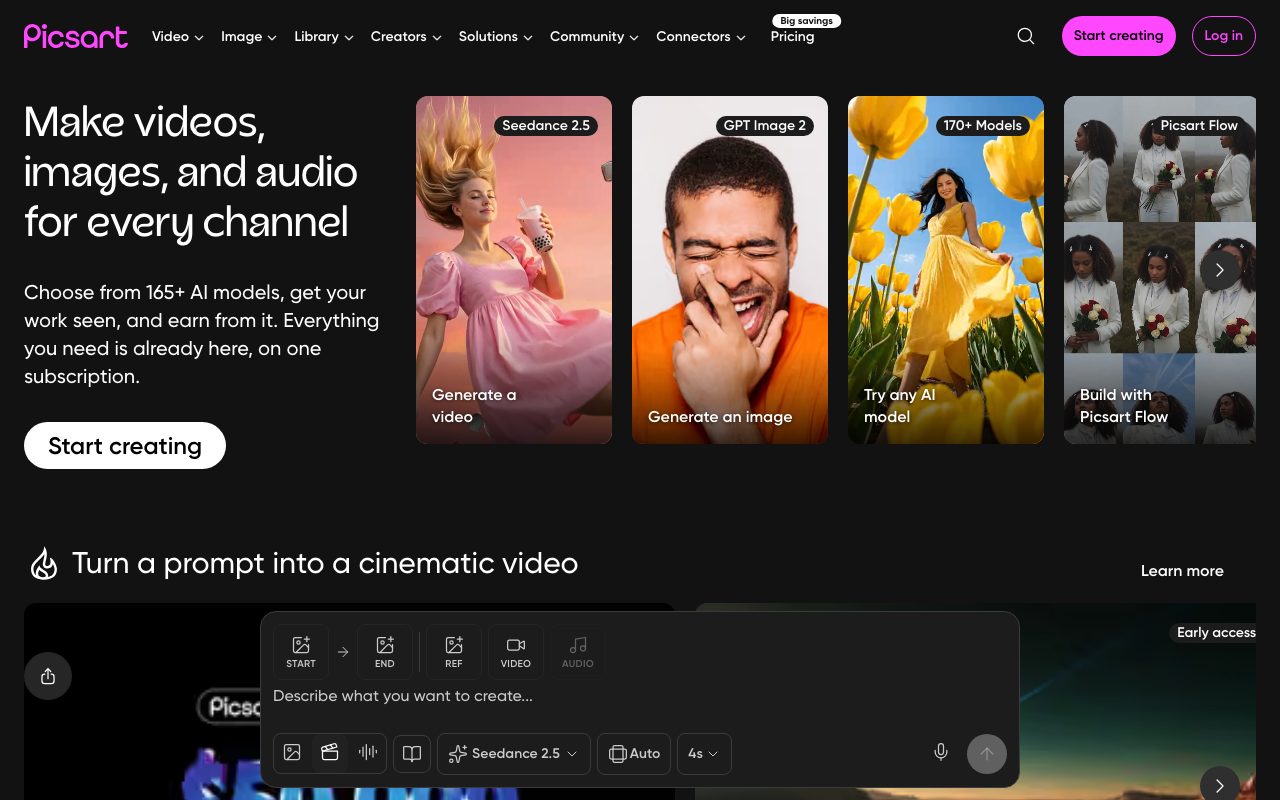 Picsart homepage screenshot captured 2026-09-08