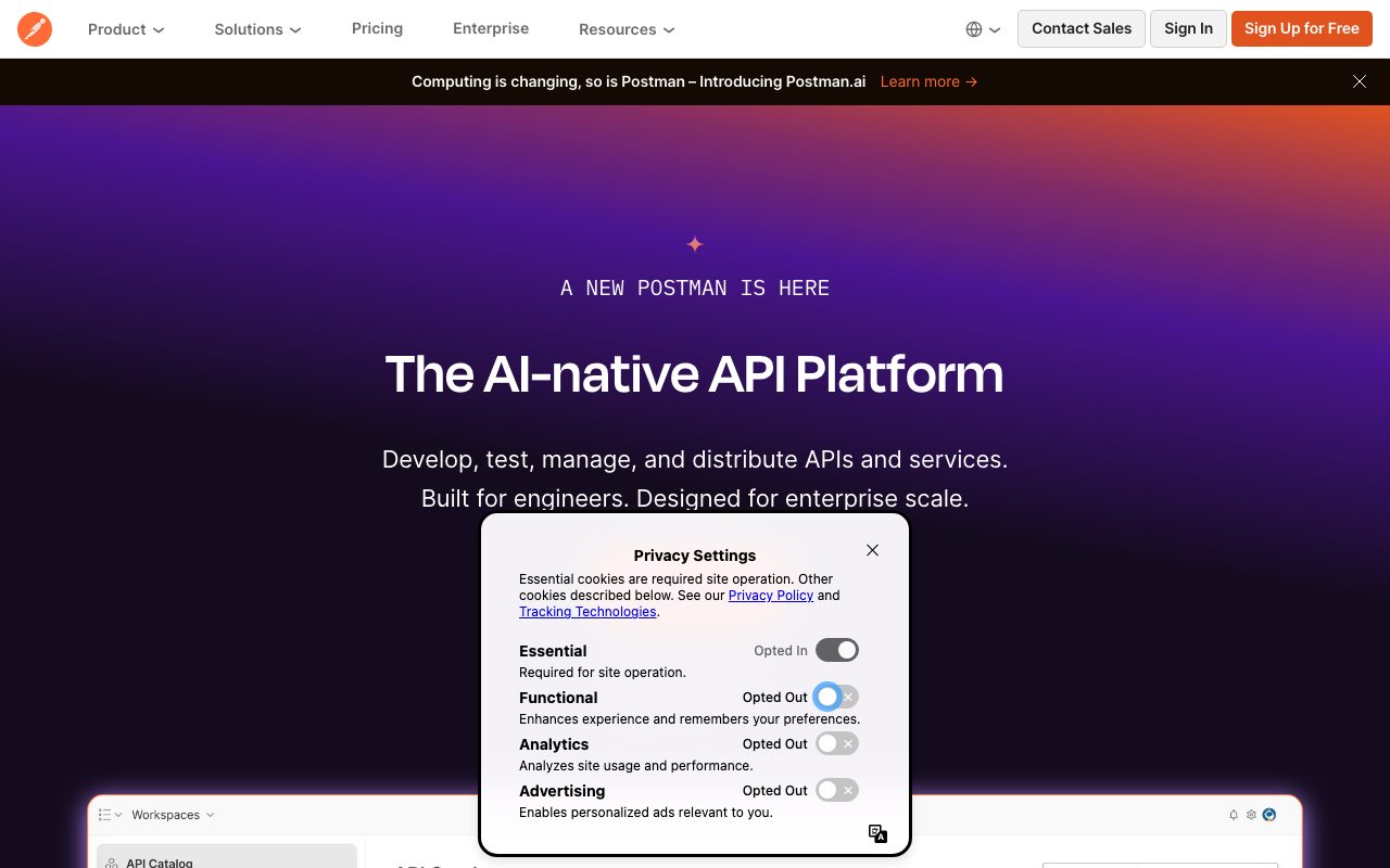 Postman AI homepage screenshot captured 2026-09-08