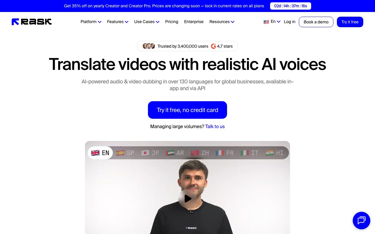 Rask AI homepage screenshot captured 2026-09-08