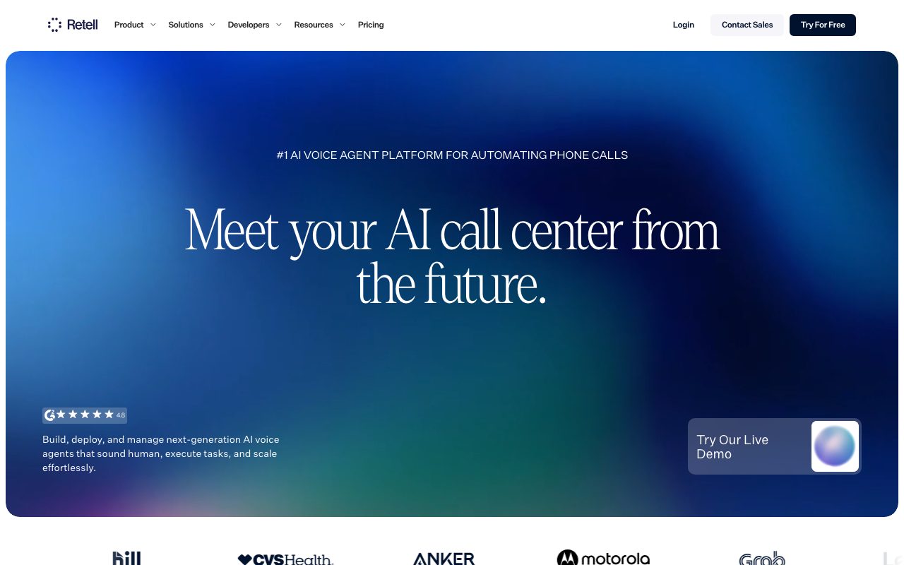 Retell AI homepage screenshot captured 2026-09-08