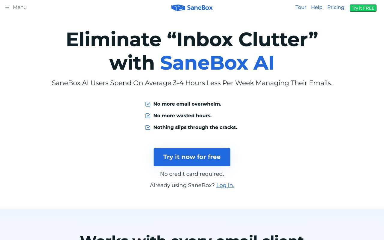 SaneBox homepage screenshot captured 2026-09-08